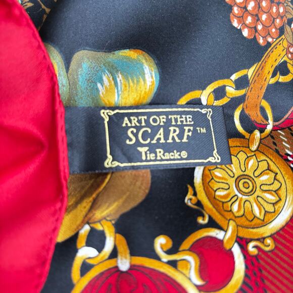 Vintage Art of the Scarf silky polyester wrap large square gold chain red plaid - Picture 2 of 7